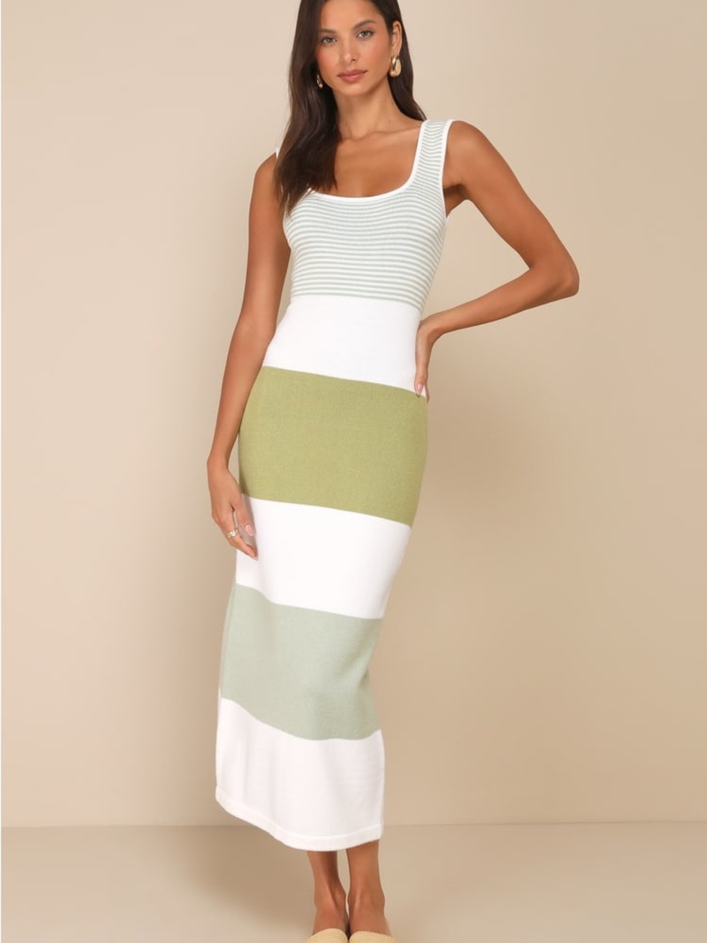 Lula’s Sleeveless Striped Knit Midi Dress in White and Olive